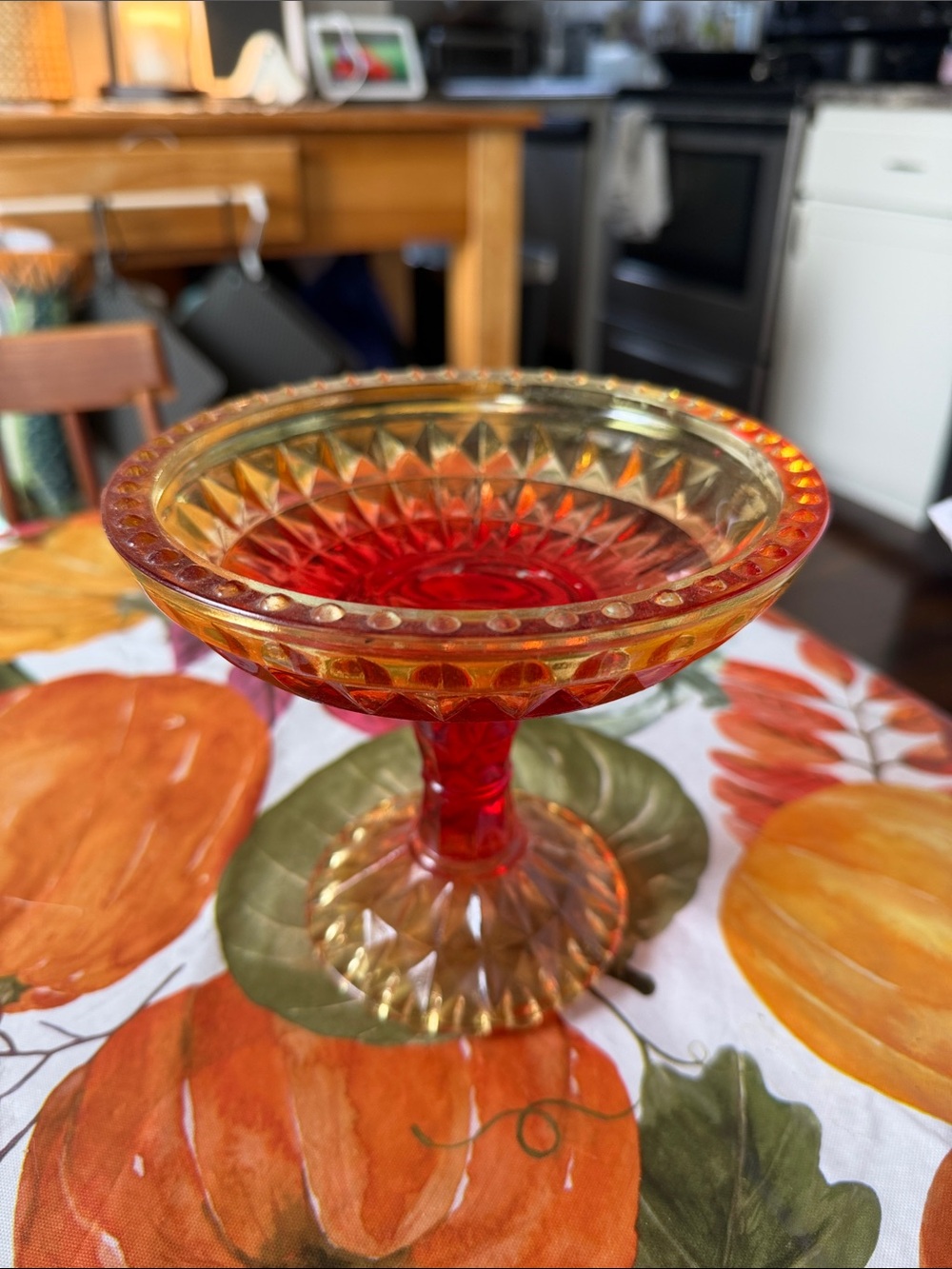 Vintage Red Amber Glass Compote Pedestal Bowl - Unbranded